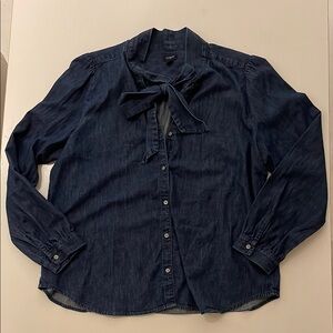 Dark Blue Button-Up Blouse with Bow